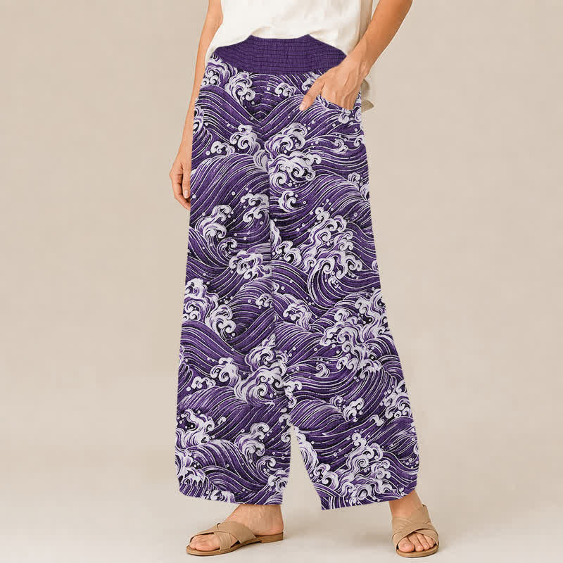 Buddha Stones Pantalones harem de algodón con estampado de olas marinas, cintura elástica plisada y bolsillos para mujer. - image 7