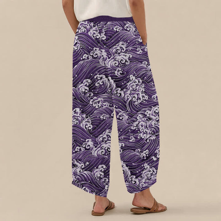 Buddha Stones Pantalones harem de algodón con estampado de olas marinas, cintura elástica plisada y bolsillos para mujer. - image 8