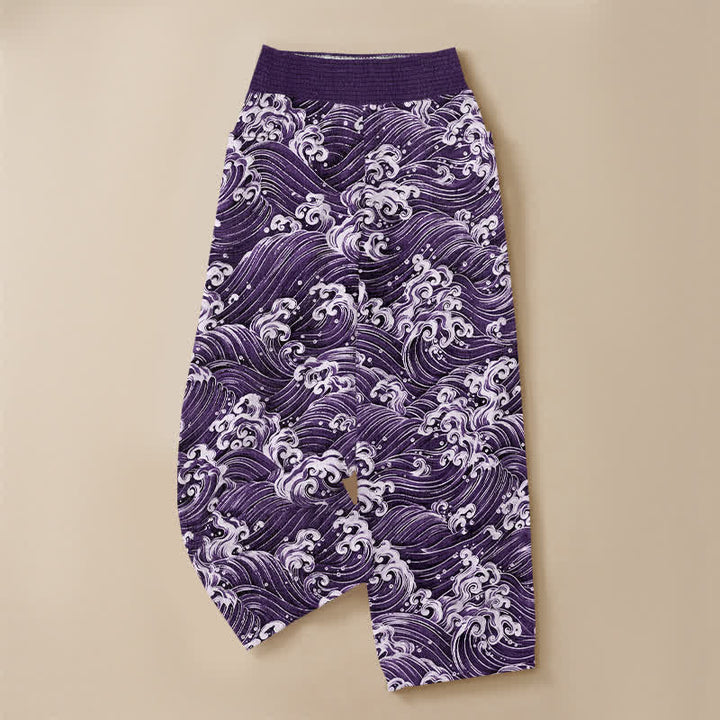 Buddha Stones Pantalones harem de algodón con estampado de olas marinas, cintura elástica plisada y bolsillos para mujer. - image 9