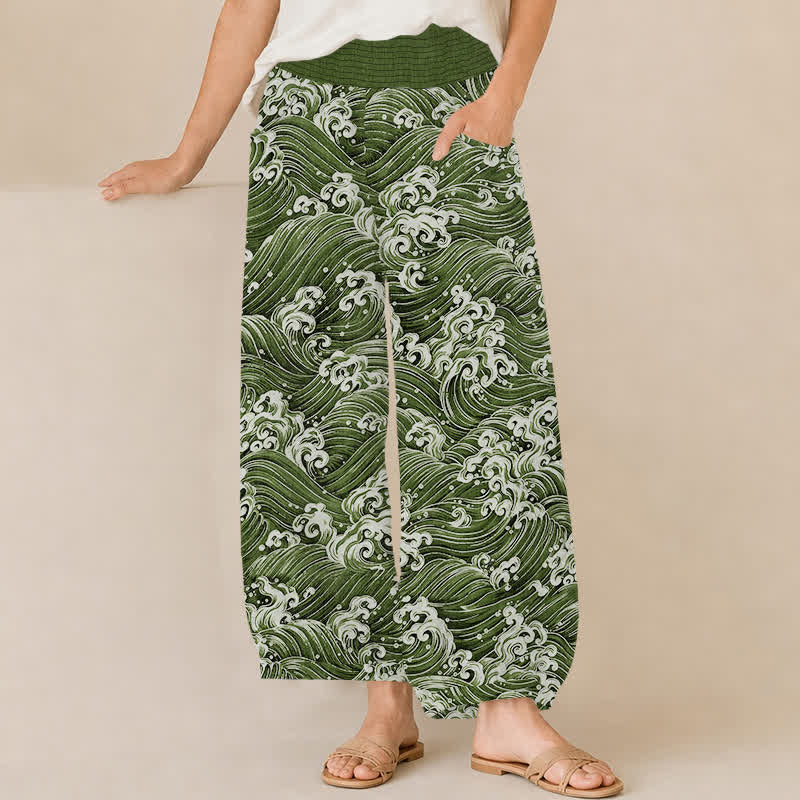 Buddha Stones Pantalones harem de algodón con estampado de olas marinas, cintura elástica plisada y bolsillos para mujer. - Verde oliva - US16，UK/AU20，EU48 (3XL) - image 10