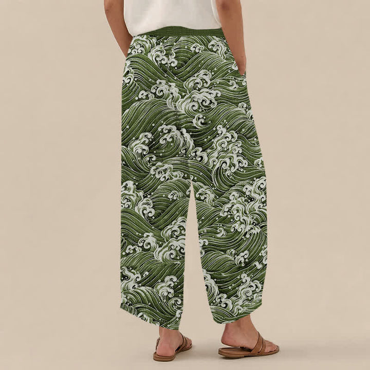 Buddha Stones Pantalones harem de algodón con estampado de olas marinas, cintura elástica plisada y bolsillos para mujer. - image 12