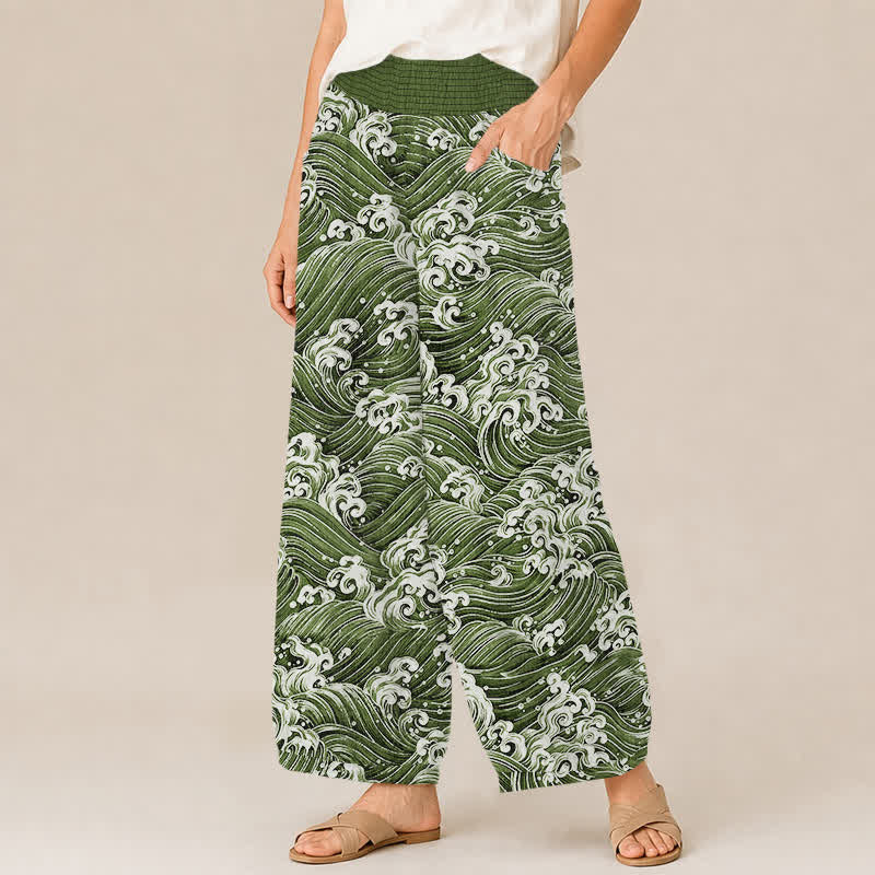 Buddha Stones Pantalones harem de algodón con estampado de olas marinas, cintura elástica plisada y bolsillos para mujer. - image 11