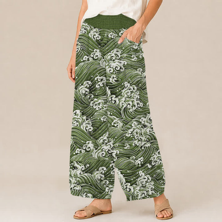 Buddha Stones Pantalones harem de algodón con estampado de olas marinas, cintura elástica plisada y bolsillos para mujer. - image 11