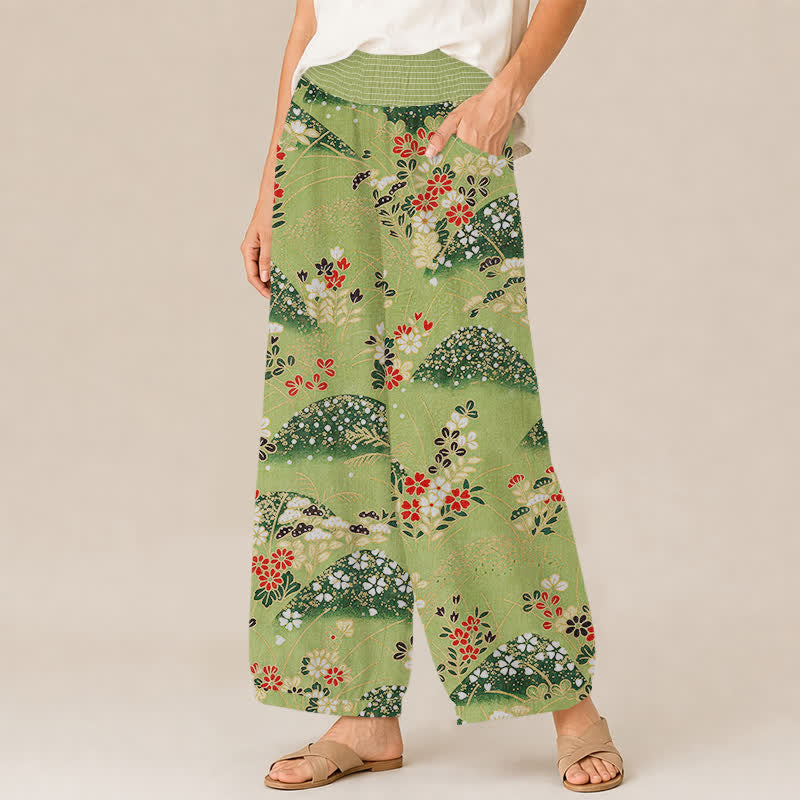 Buddha Stones Pantalones harem para mujer con estampado floral de Cotton Hill, cintura elástica plisada y bolsillos. - image 1