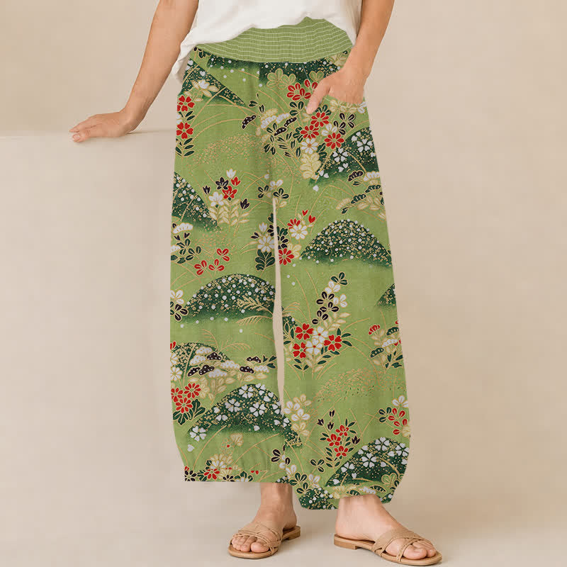 Buddha Stones Pantalones harem para mujer con estampado floral de Cotton Hill, cintura elástica plisada y bolsillos. - Verde amarillento - US16，UK/AU20，EU48 (3XL) - image 0