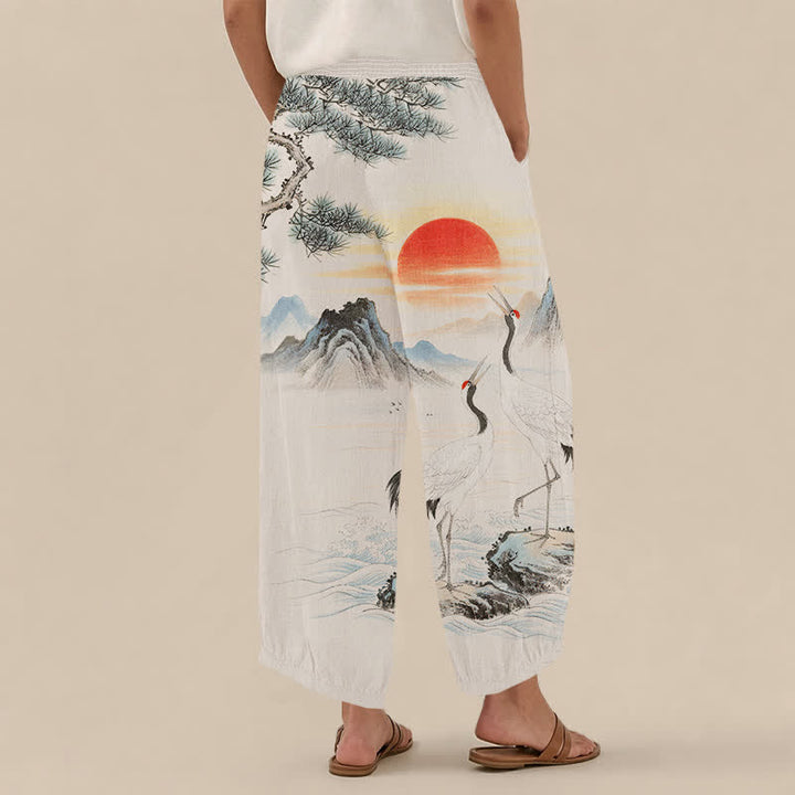 Buddha Stones Pantalones harem de mujer con estampado de paisaje, grulla y sol, plisados, cintura elástica y bolsillos, de algodón. - image 2