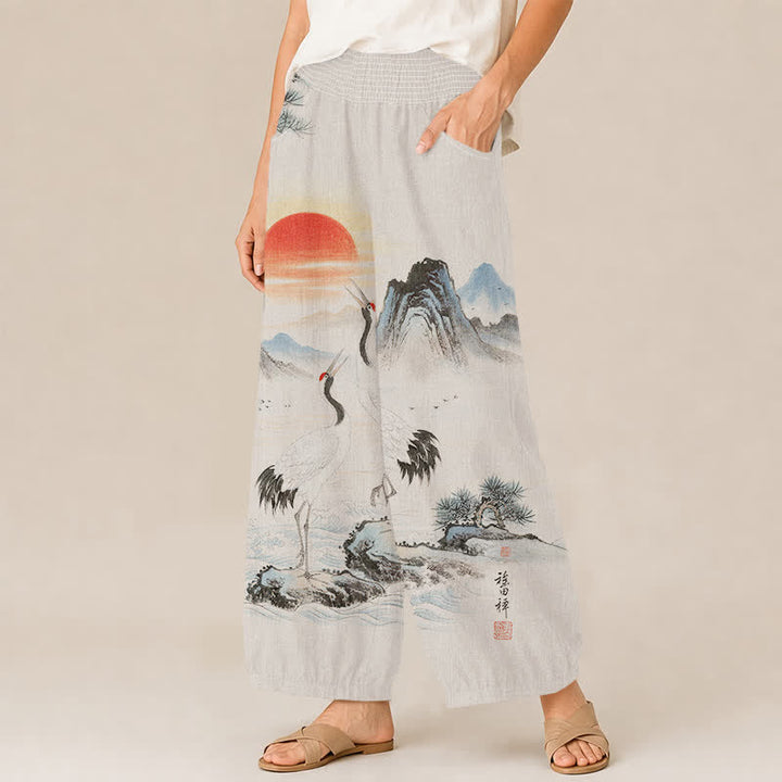 Buddha Stones Pantalones harem de mujer con estampado de paisaje, grulla y sol, plisados, cintura elástica y bolsillos, de algodón. - image 1