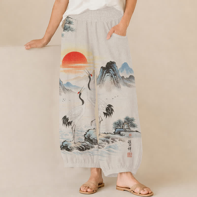 Buddha Stones Pantalones harem de mujer con estampado de paisaje, grulla y sol, plisados, cintura elástica y bolsillos, de algodón. - Blanco floral - US16，UK/AU20，EU48 (3XL) - image 0