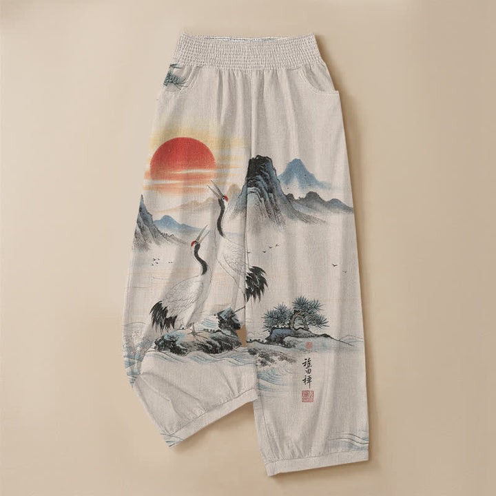 Buddha Stones Pantalones harem de mujer con estampado de paisaje, grulla y sol, plisados, cintura elástica y bolsillos, de algodón. - image 3