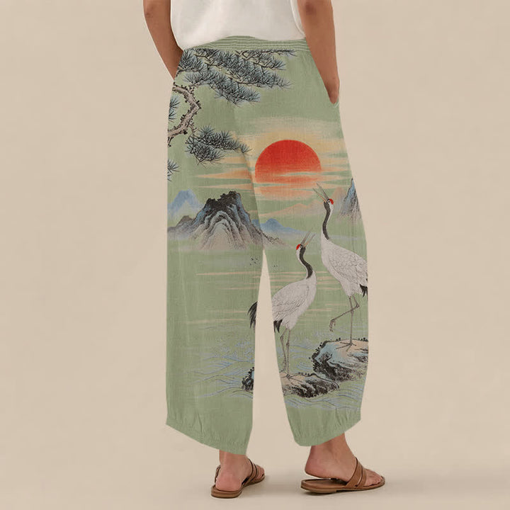 Buddha Stones Pantalones harem de mujer con estampado de paisaje, grulla y sol, plisados, cintura elástica y bolsillos, de algodón. - image 8