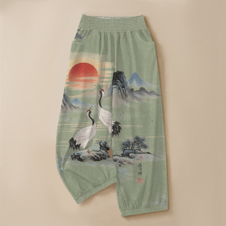 Buddha Stones Pantalones harem de mujer con estampado de paisaje, grulla y sol, plisados, cintura elástica y bolsillos, de algodón. - image 9