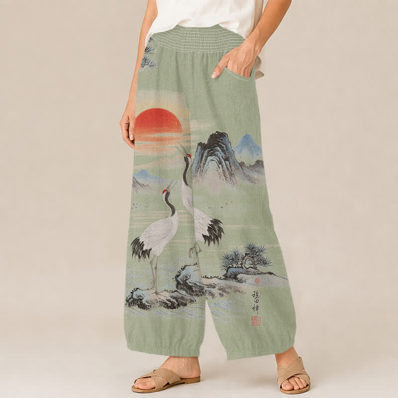 Buddha Stones Pantalones harem de mujer con estampado de paisaje, grulla y sol, plisados, cintura elástica y bolsillos, de algodón. - image 7