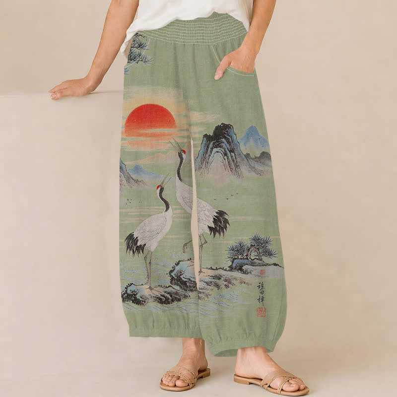 Buddha Stones Pantalones harem de mujer con estampado de paisaje, grulla y sol, plisados, cintura elástica y bolsillos, de algodón. - Verde mar oscuro - US16，UK/AU20，EU48 (3XL) - image 6