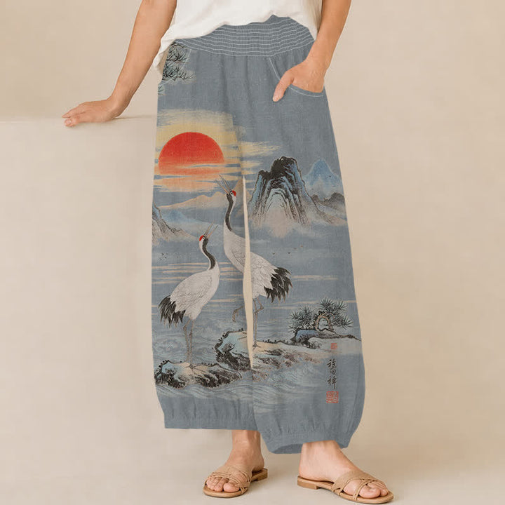 Buddha Stones Pantalones harem de mujer con estampado de paisaje, grulla y sol, plisados, cintura elástica y bolsillos, de algodón. - Azul acero claro - US16，UK/AU20，EU48 (3XL) - image 10