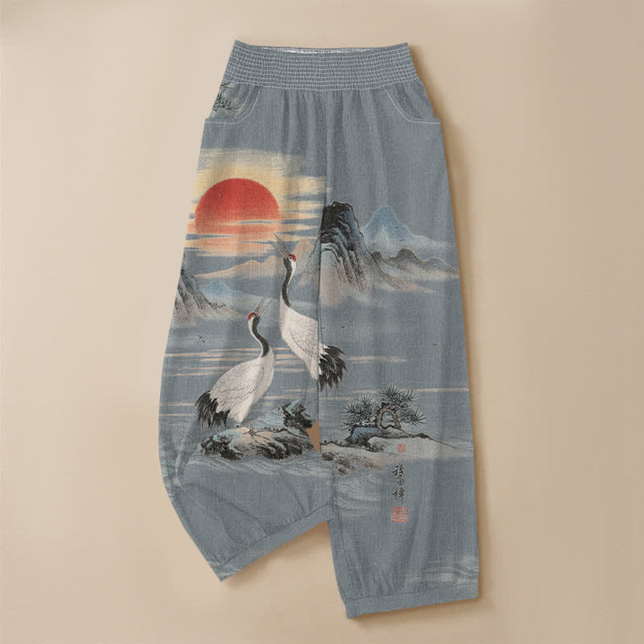 Buddha Stones Pantalones harem de mujer con estampado de paisaje, grulla y sol, plisados, cintura elástica y bolsillos, de algodón. - image 13