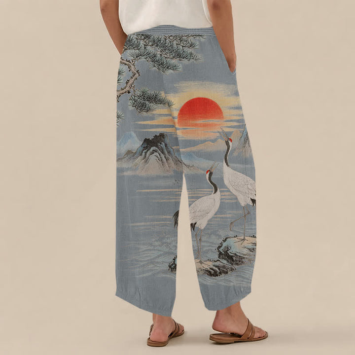 Buddha Stones Pantalones harem de mujer con estampado de paisaje, grulla y sol, plisados, cintura elástica y bolsillos, de algodón. - image 12