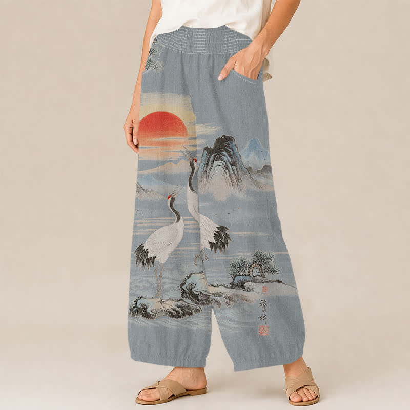 Buddha Stones Pantalones harem de mujer con estampado de paisaje, grulla y sol, plisados, cintura elástica y bolsillos, de algodón. - image 11