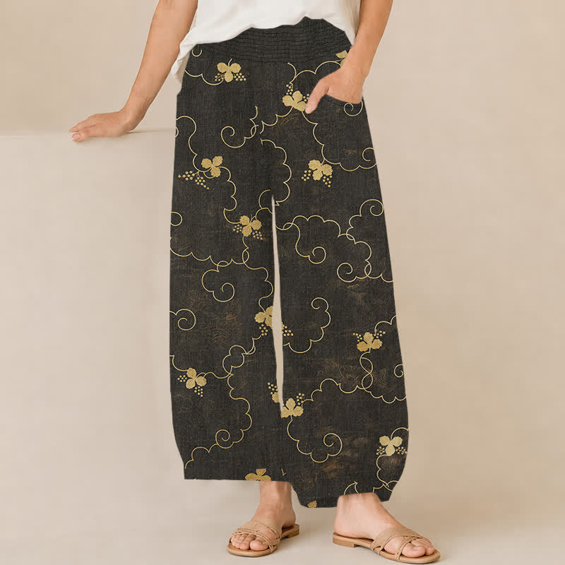 Buddha Stones Pantalones harem de algodón con estampado vintage de flores y nubes, cintura elástica plisada y bolsillos para mujer. - Negro - US16，UK/AU20，EU48 (3XL) - image 0