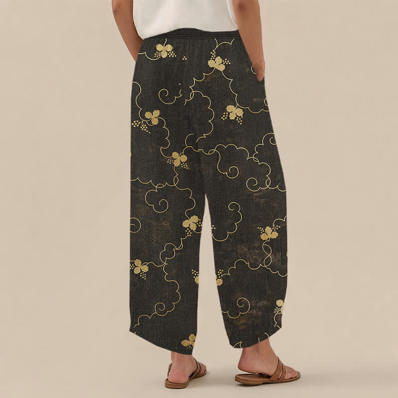 Buddha Stones Pantalones harem de algodón con estampado vintage de flores y nubes, cintura elástica plisada y bolsillos para mujer. - image 1