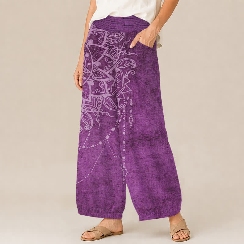 Buddha Stones Pantalones harem de algodón estilo boho con estampado de mandala y cuentas, cintura elástica plisada y bolsillos para mujer. - image 1
