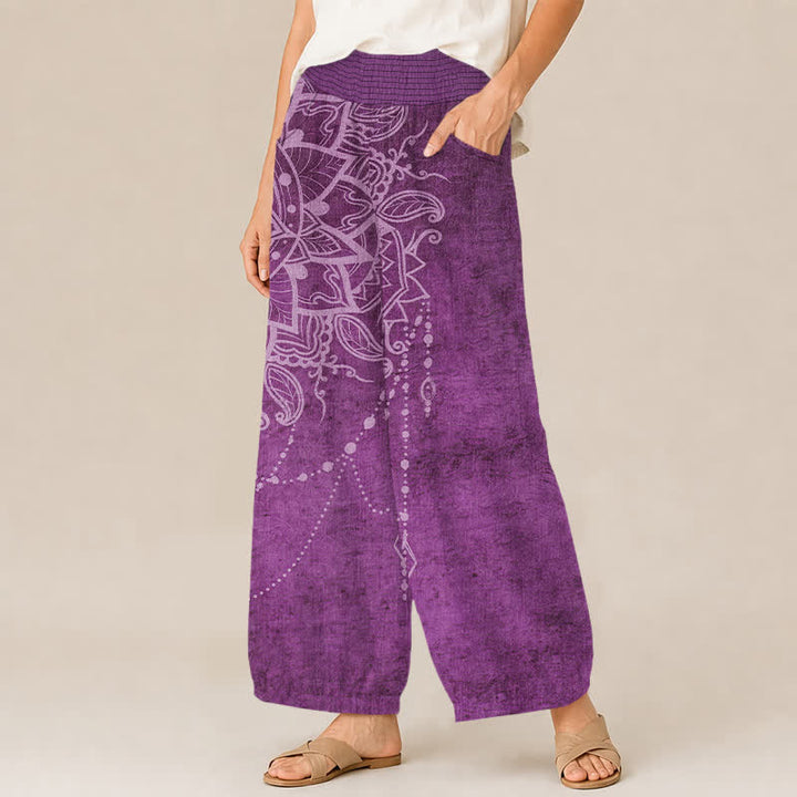 Buddha Stones Pantalones harem de algodón estilo boho con estampado de mandala y cuentas, cintura elástica plisada y bolsillos para mujer. - image 1