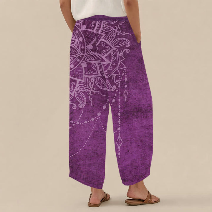 Buddha Stones Pantalones harem de algodón estilo boho con estampado de mandala y cuentas, cintura elástica plisada y bolsillos para mujer. - image 2