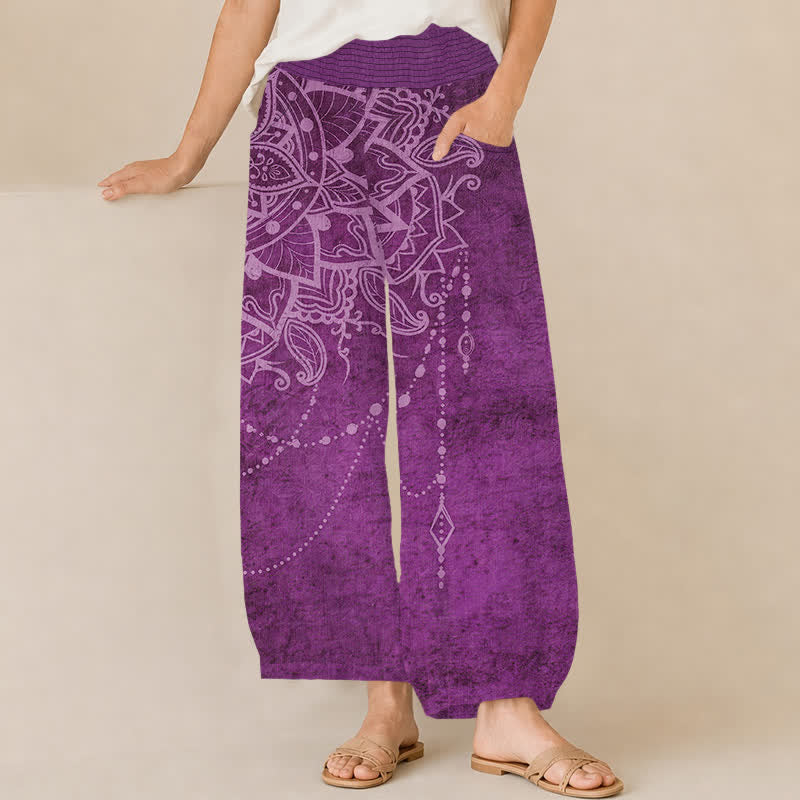 Buddha Stones Pantalones harem de algodón estilo boho con estampado de mandala y cuentas, cintura elástica plisada y bolsillos para mujer. - Púrpura - US16，UK/AU20，EU48 (3XL) - image 0