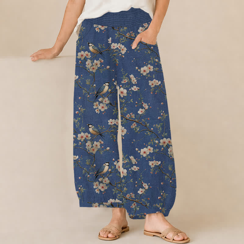 Buddha Stones Pantalones harem de algodón vintage con estampado floral de pájaros, cintura elástica plisada y bolsillos para mujer. - Azul acero - US16，UK/AU20，EU48 (3XL) - image 0