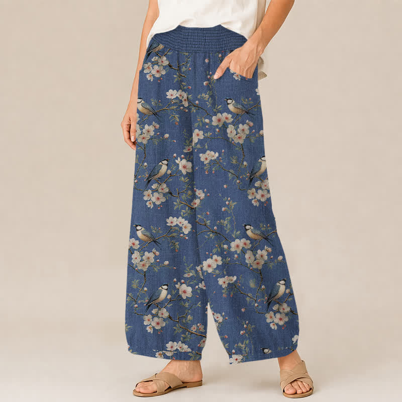 Buddha Stones Pantalones harem de algodón vintage con estampado floral de pájaros, cintura elástica plisada y bolsillos para mujer. - image 1
