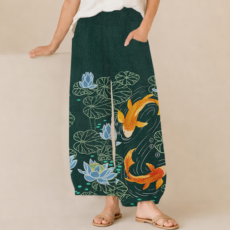 Buddha Stones Pantalones harem de algodón con estampado de loto y carpa koi en acuarela, cintura elástica plisada y bolsillos para mujer. - Gris pizarra oscuro - US16，UK/AU20，EU48 (3XL) - image 0