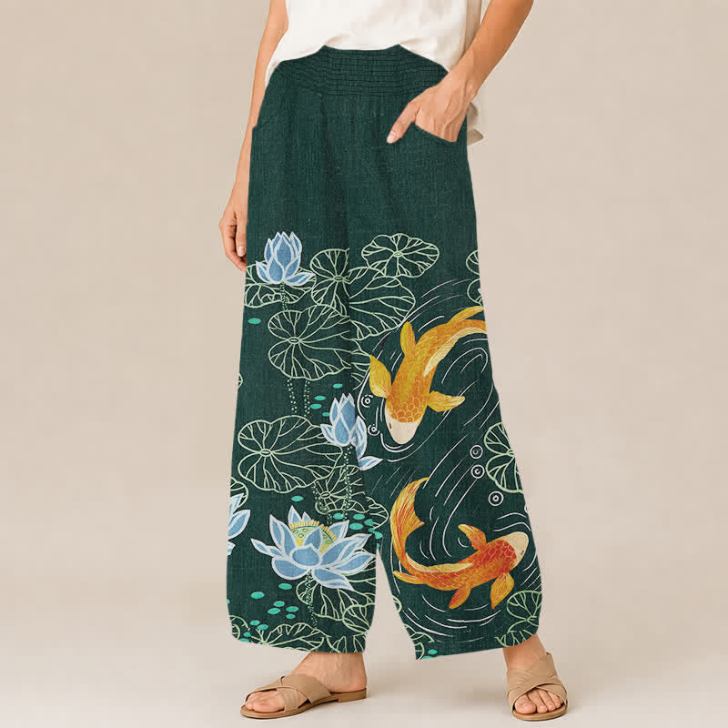 Buddha Stones Pantalones harem de algodón con estampado de loto y carpa koi en acuarela, cintura elástica plisada y bolsillos para mujer. - image 1