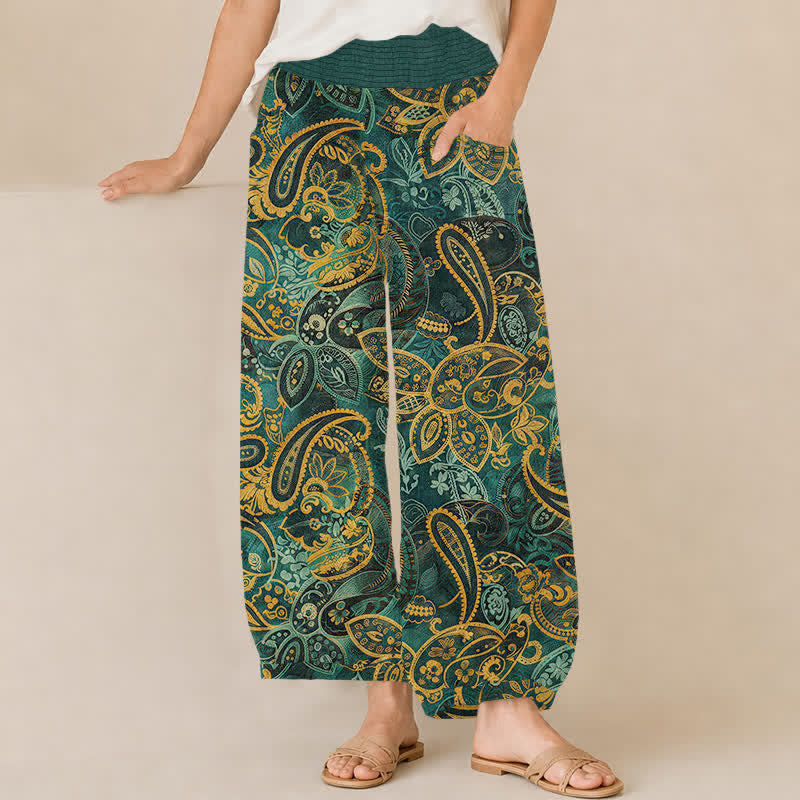 Buddha Stones Pantalones harem de algodón vintage con estampado floral paisley, cintura elástica plisada y bolsillos para mujer. - Verde azulado - US16，UK/AU20，EU48 (3XL) - image 0