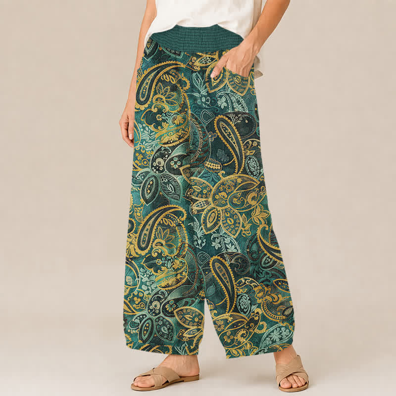 Buddha Stones Pantalones harem de algodón vintage con estampado floral paisley, cintura elástica plisada y bolsillos para mujer. - image 1