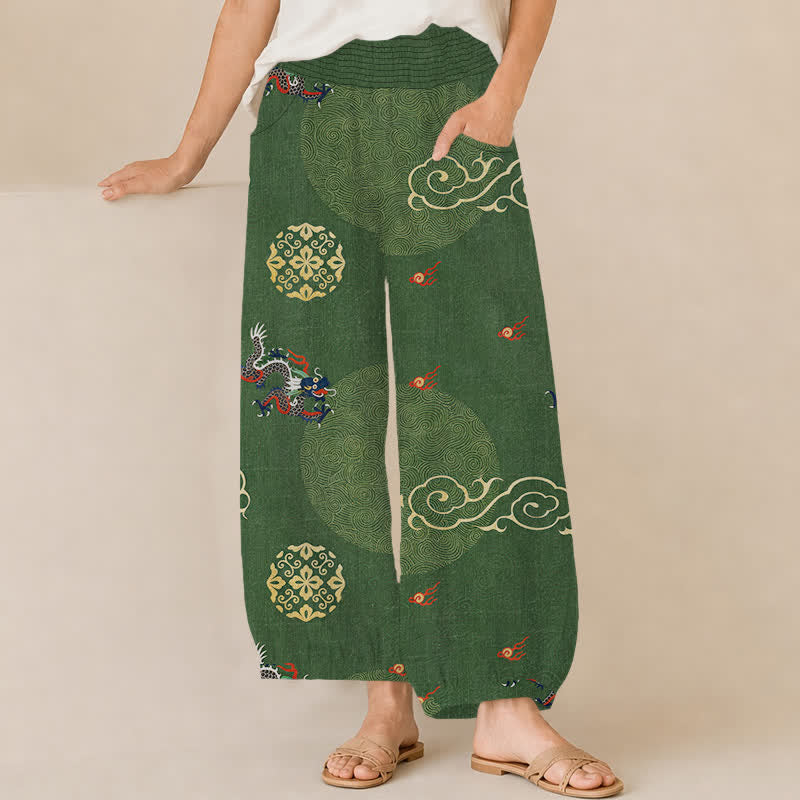 Buddha Stones Pantalones harem de algodón vintage con estampado de tótem de dragón, cintura elástica plisada y bolsillos para mujer. - Verde bosque - US16，UK/AU20，EU48 (3XL) - image 0
