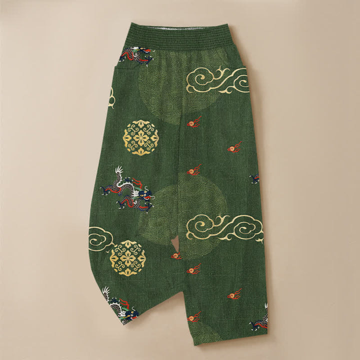 Buddha Stones Pantalones harem de algodón vintage con estampado de tótem de dragón, cintura elástica plisada y bolsillos para mujer. - image 3