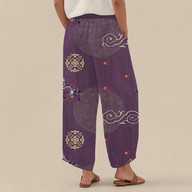 Buddha Stones Pantalones harem de algodón vintage con estampado de tótem de dragón, cintura elástica plisada y bolsillos para mujer. - image 8