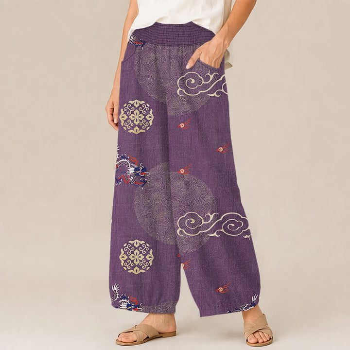Buddha Stones Pantalones harem de algodón vintage con estampado de tótem de dragón, cintura elástica plisada y bolsillos para mujer. - image 7