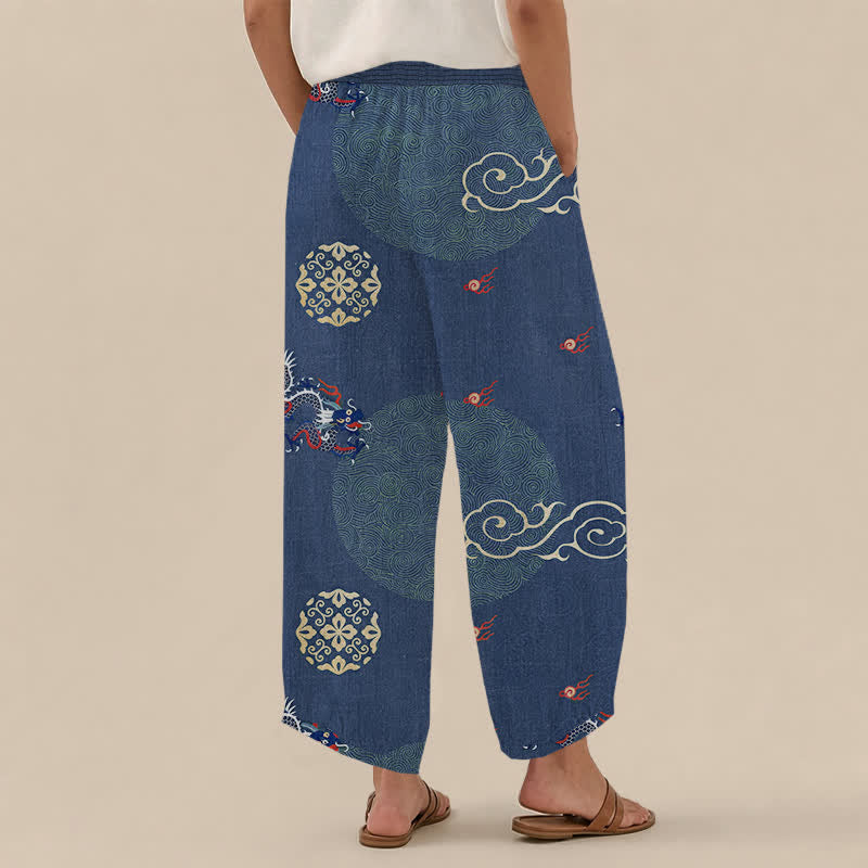 Buddha Stones Pantalones harem de algodón vintage con estampado de tótem de dragón, cintura elástica plisada y bolsillos para mujer. - image 12