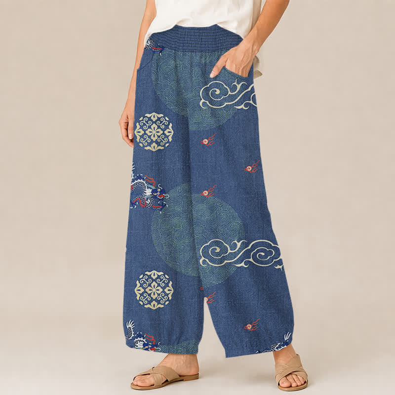 Buddha Stones Pantalones harem de algodón vintage con estampado de tótem de dragón, cintura elástica plisada y bolsillos para mujer. - image 11