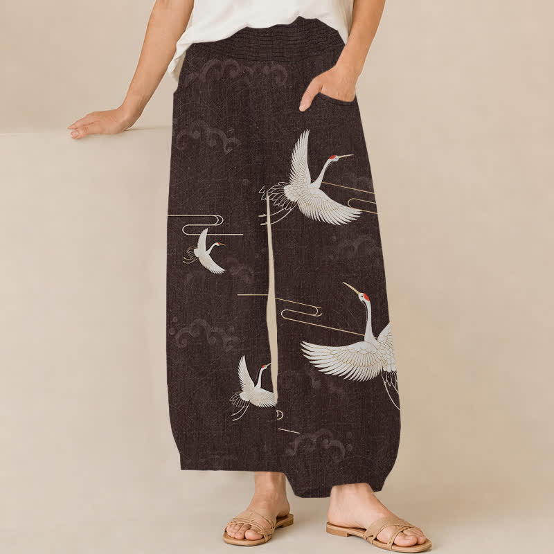 Buddha Stones Pantalones harem de algodón vintage blanco con estampado de grullas, cintura elástica plisada y bolsillos para mujer. - Negro - US16，UK/AU20，EU48 (3XL) - image 0