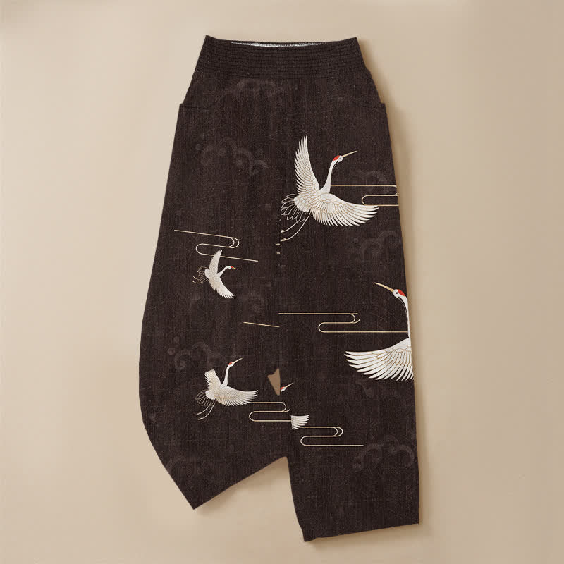 Buddha Stones Pantalones harem de algodón vintage blanco con estampado de grullas, cintura elástica plisada y bolsillos para mujer. - image 3