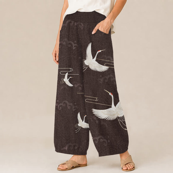 Buddha Stones Pantalones harem de algodón vintage blanco con estampado de grullas, cintura elástica plisada y bolsillos para mujer. - image 1