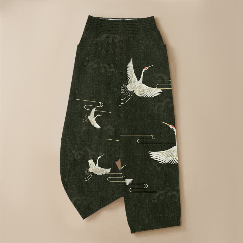 Buddha Stones Pantalones harem de algodón vintage blanco con estampado de grullas, cintura elástica plisada y bolsillos para mujer. - image 9