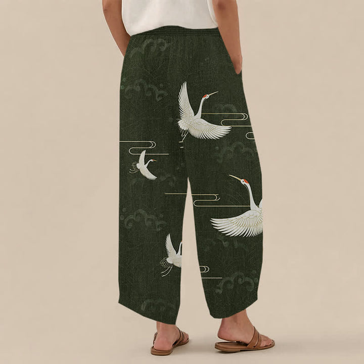 Buddha Stones Pantalones harem de algodón vintage blanco con estampado de grullas, cintura elástica plisada y bolsillos para mujer. - image 8