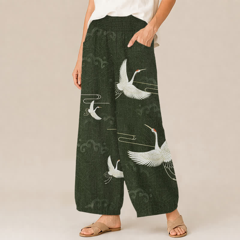 Buddha Stones Pantalones harem de algodón vintage blanco con estampado de grullas, cintura elástica plisada y bolsillos para mujer. - image 7