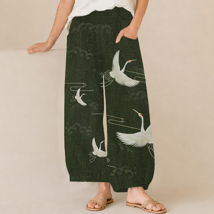 Buddha Stones Pantalones harem de algodón vintage blanco con estampado de grullas, cintura elástica plisada y bolsillos para mujer. - Verde oscuro - US16，UK/AU20，EU48 (3XL) - image 6