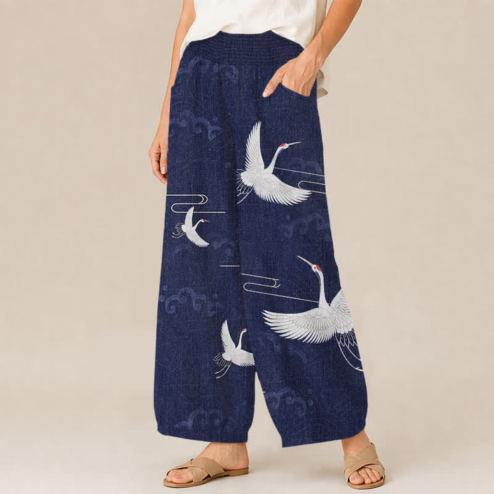 Buddha Stones Pantalones harem de algodón vintage blanco con estampado de grullas, cintura elástica plisada y bolsillos para mujer. - image 11