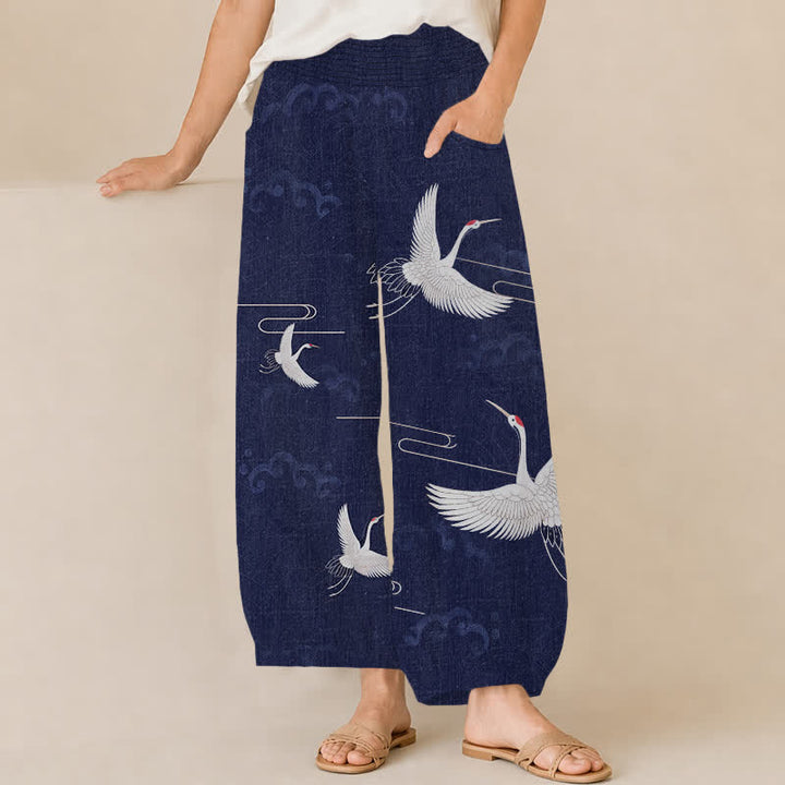 Buddha Stones Pantalones harem de algodón vintage blanco con estampado de grullas, cintura elástica plisada y bolsillos para mujer. - Marina de guerra - US16，UK/AU20，EU48 (3XL) - image 10