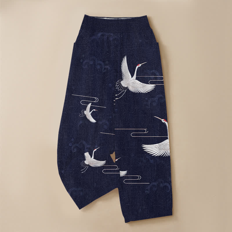 Buddha Stones Pantalones harem de algodón vintage blanco con estampado de grullas, cintura elástica plisada y bolsillos para mujer. - image 13
