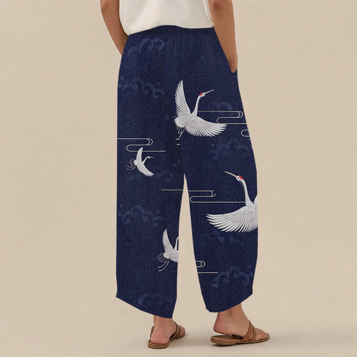 Buddha Stones Pantalones harem de algodón vintage blanco con estampado de grullas, cintura elástica plisada y bolsillos para mujer. - image 12